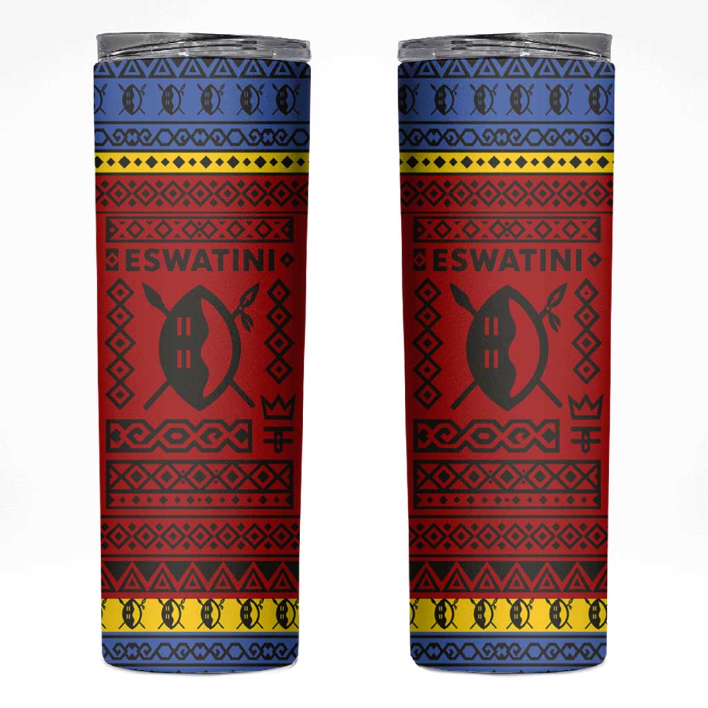 Eswatini Flag Skinny Tumbler with Traditional Shield Spear and Cultural Pattern Design - Wonder Print Shop