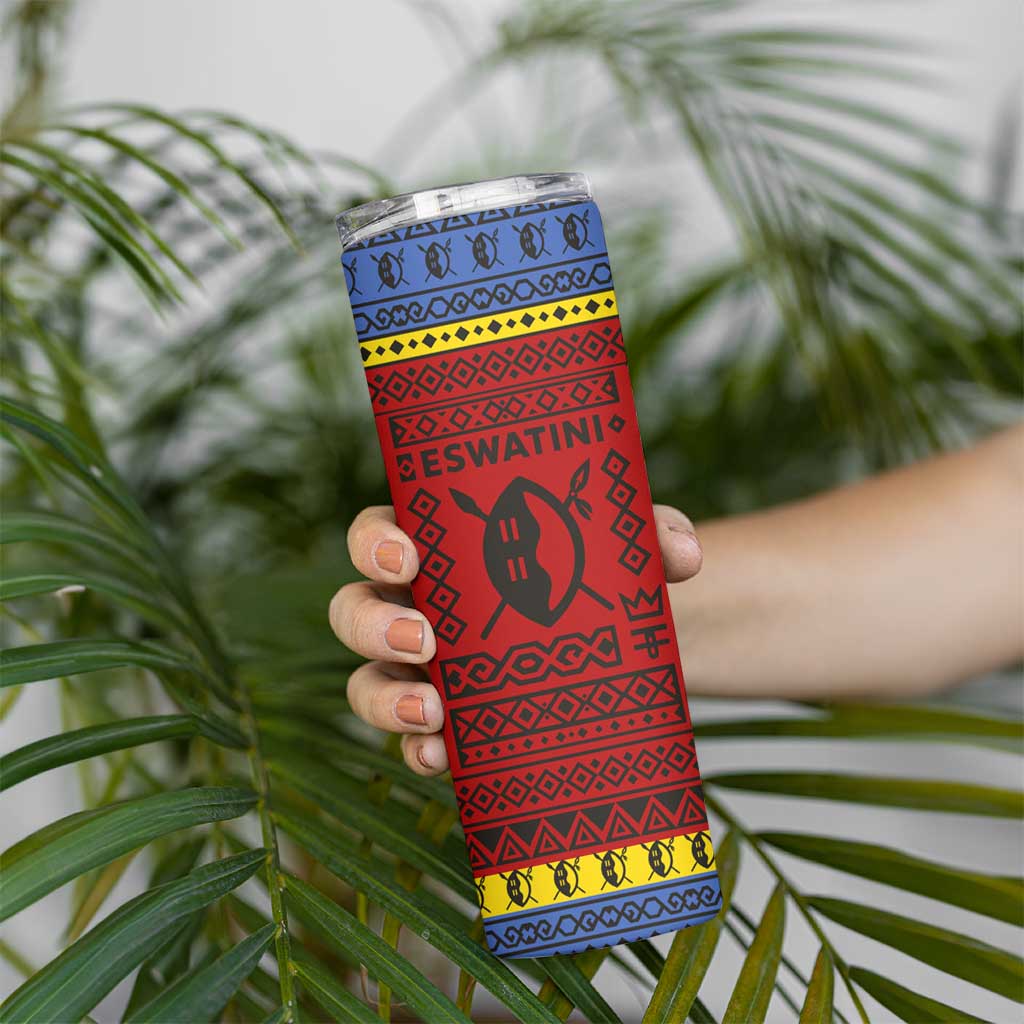 Eswatini Flag Skinny Tumbler with Traditional Shield Spear and Cultural Pattern Design - Wonder Print Shop