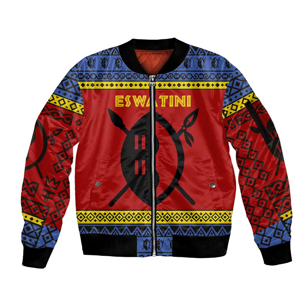 Eswatini Flag Sleeve Zip Bomber Jacket with Traditional Shield Spear and Cultural Pattern Design - Wonder Print Shop