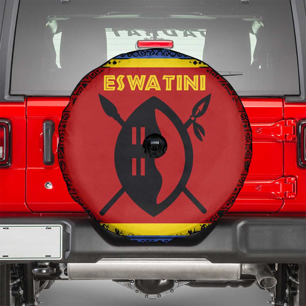 Eswatini Flag Spare Tire Cover with Traditional Shield Spear and Cultural Pattern Design - Wonder Print Shop