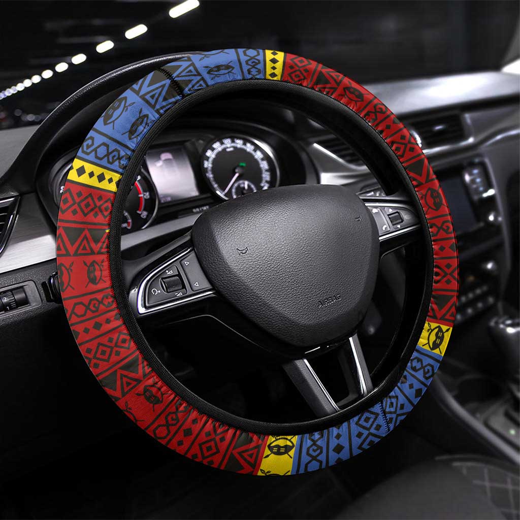 Eswatini Flag Steering Wheel Cover with Traditional Shield Spear and Cultural Pattern Design - Wonder Print Shop