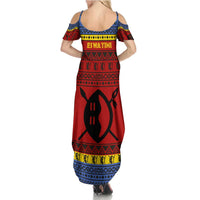 Eswatini Flag Summer Maxi Dress with Traditional Shield Spear and Cultural Pattern Design - Wonder Print Shop