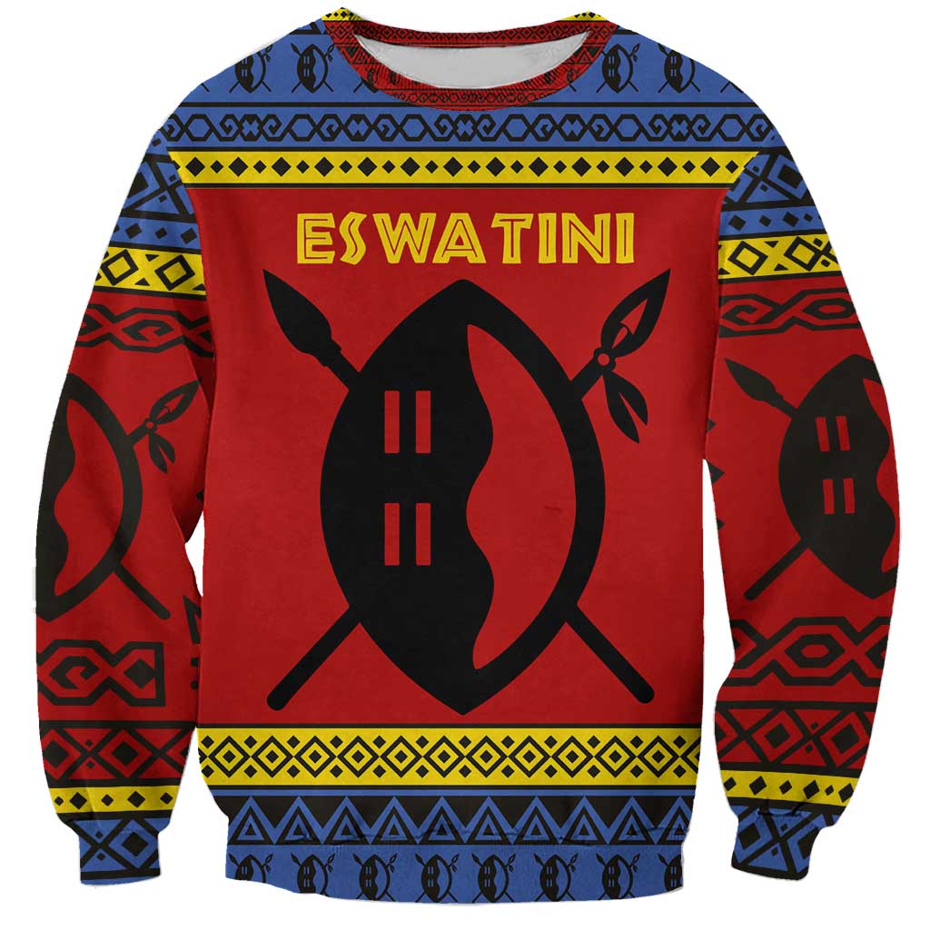 Eswatini Flag Sweatshirt with Traditional Shield Spear and Cultural Pattern Design - Wonder Print Shop