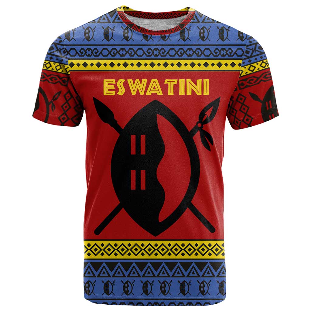 Eswatini Flag T Shirt with Traditional Shield Spear and Cultural Pattern Design - Wonder Print Shop