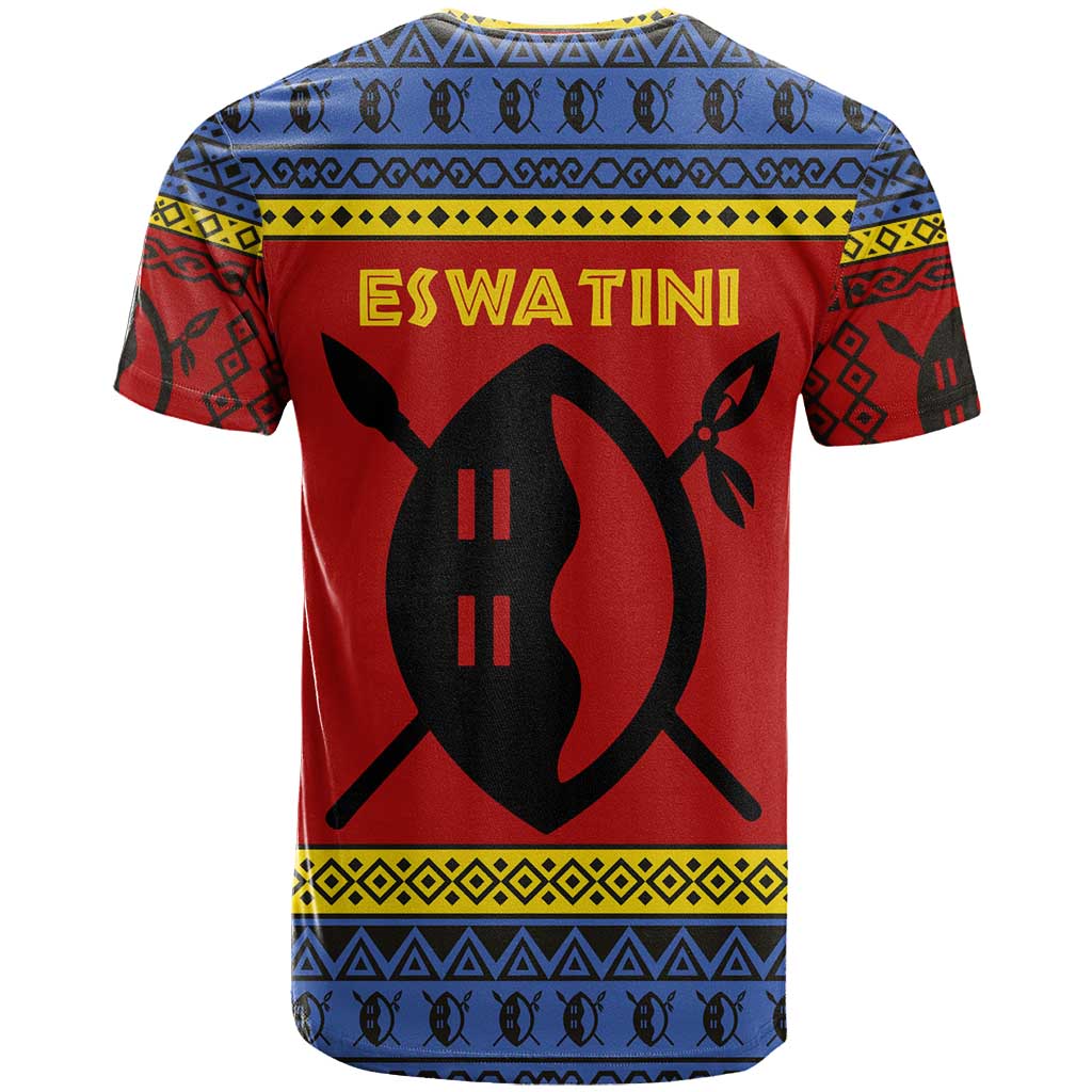 Eswatini Flag T Shirt with Traditional Shield Spear and Cultural Pattern Design - Wonder Print Shop
