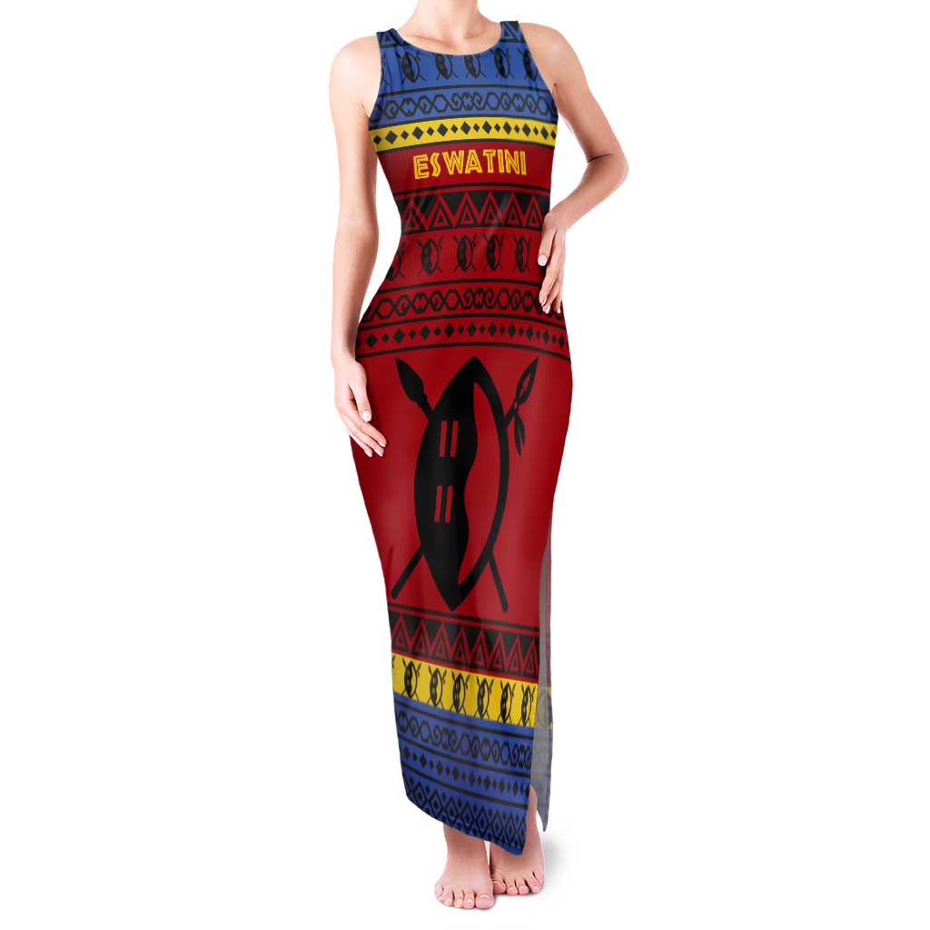 Eswatini Flag Tank Maxi Dress with Traditional Shield Spear and Cultural Pattern Design - Wonder Print Shop