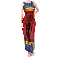 Eswatini Flag Tank Maxi Dress with Traditional Shield Spear and Cultural Pattern Design - Wonder Print Shop