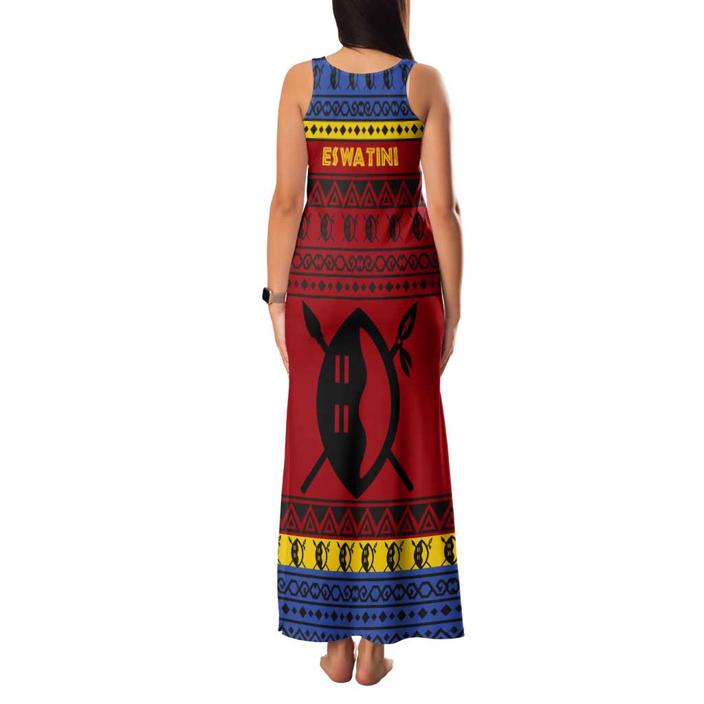 Eswatini Flag Tank Maxi Dress with Traditional Shield Spear and Cultural Pattern Design - Wonder Print Shop