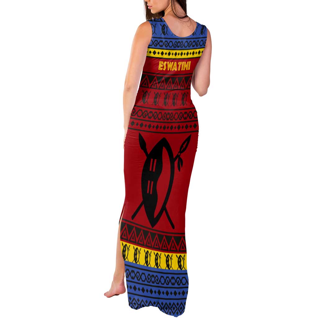 Eswatini Flag Tank Maxi Dress with Traditional Shield Spear and Cultural Pattern Design - Wonder Print Shop