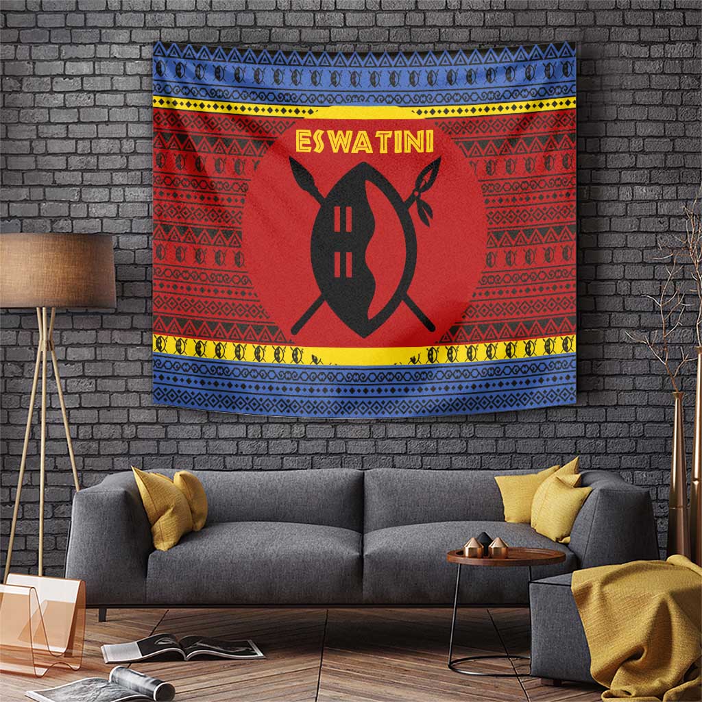 Eswatini Flag Tapestry with Traditional Shield Spear and Cultural Pattern Design - Wonder Print Shop