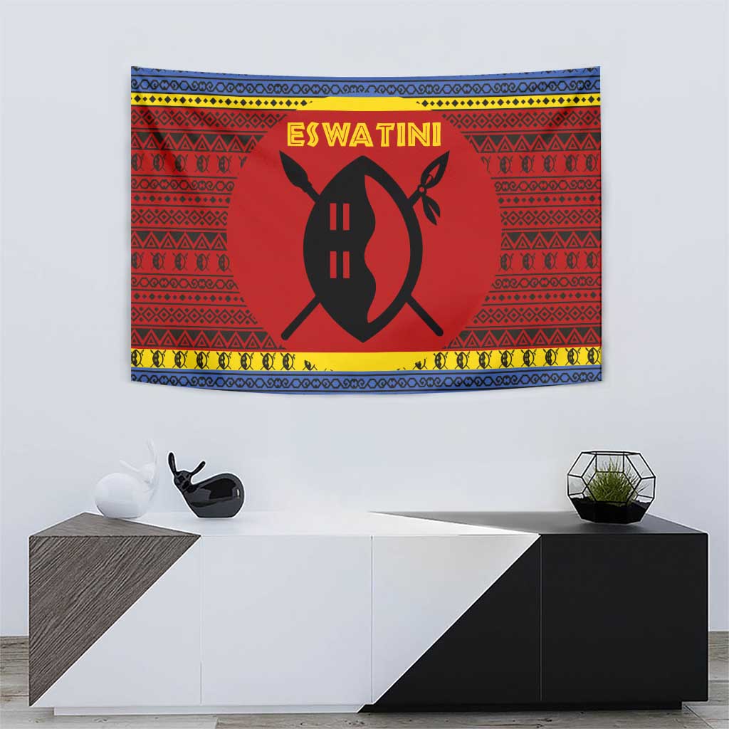 Eswatini Flag Tapestry with Traditional Shield Spear and Cultural Pattern Design - Wonder Print Shop