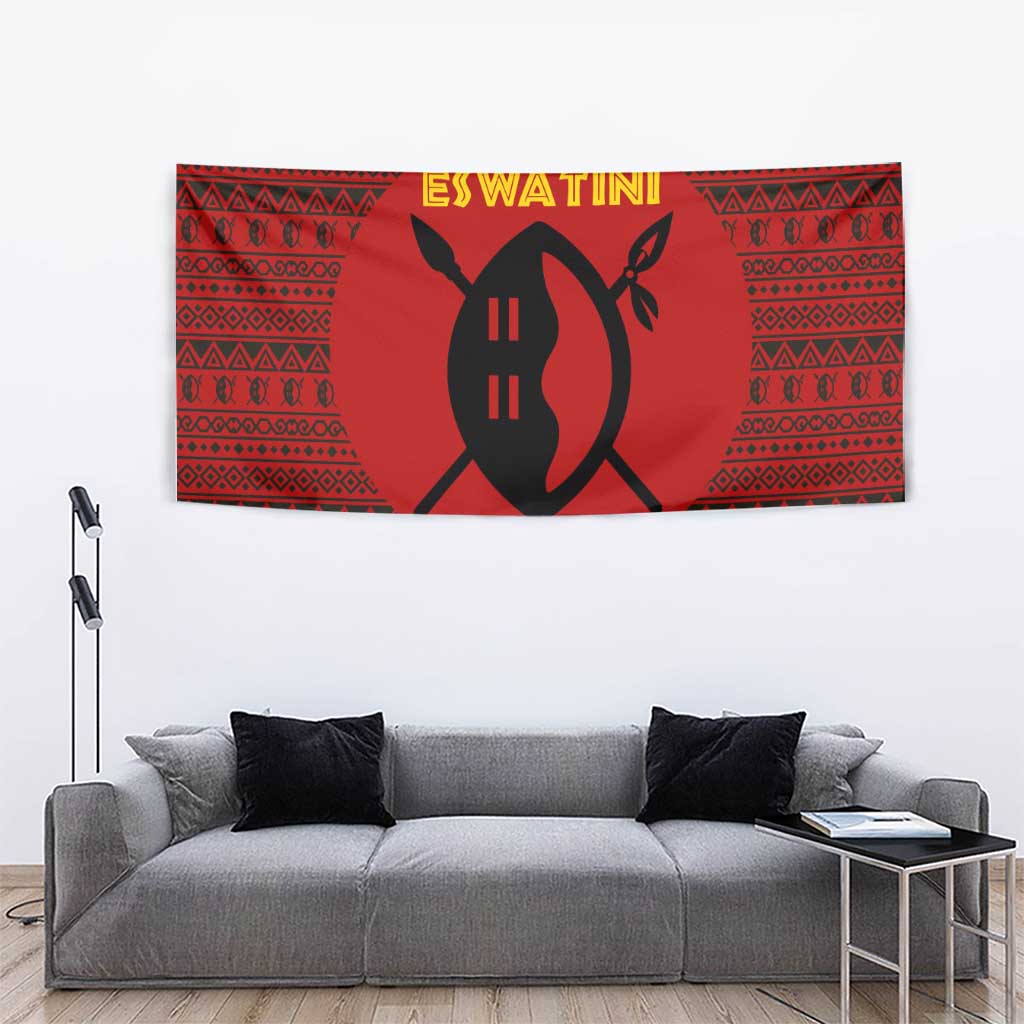 Eswatini Flag Tapestry with Traditional Shield Spear and Cultural Pattern Design - Wonder Print Shop