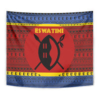 Eswatini Flag Tapestry with Traditional Shield Spear and Cultural Pattern Design - Wonder Print Shop