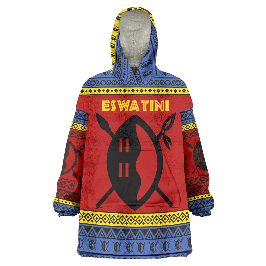 Eswatini Flag Wearable Blanket Hoodie with Traditional Shield Spear and Cultural Pattern Design - Wonder Print Shop