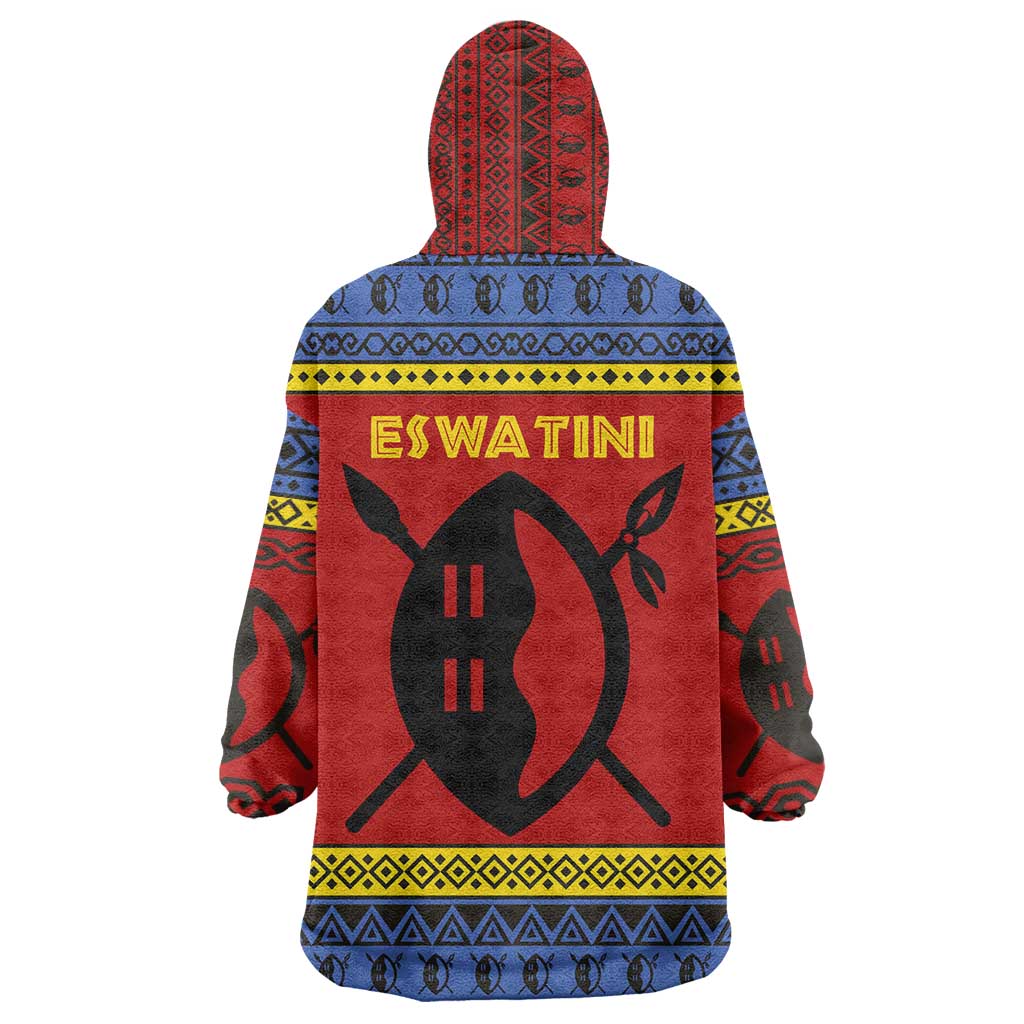 Eswatini Flag Wearable Blanket Hoodie with Traditional Shield Spear and Cultural Pattern Design - Wonder Print Shop