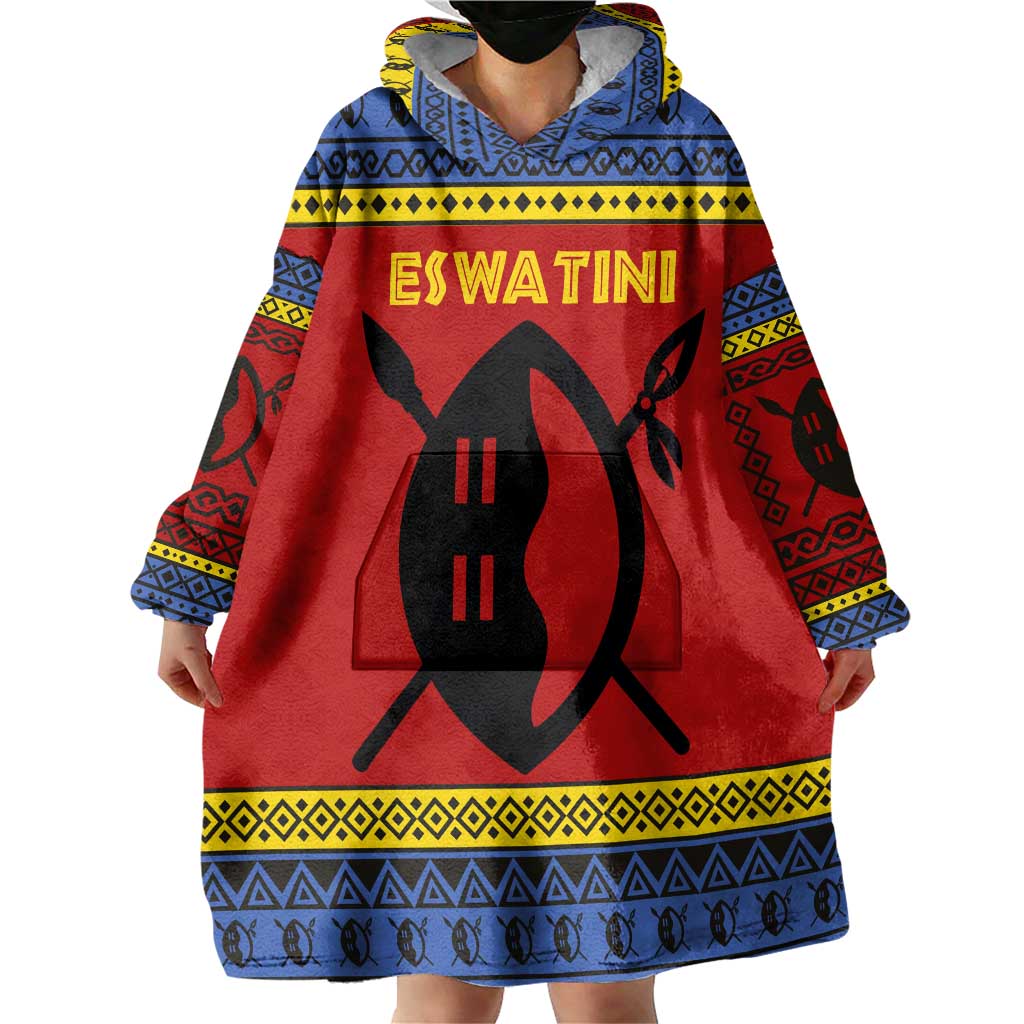 Eswatini Flag Wearable Blanket Hoodie with Traditional Shield Spear and Cultural Pattern Design - Wonder Print Shop