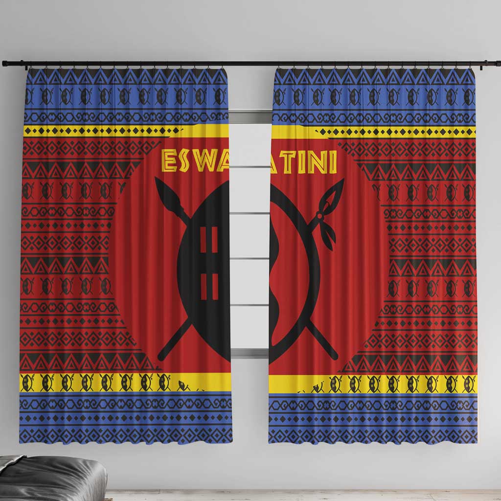 Eswatini Flag Window Curtain with Traditional Shield Spear and Cultural Pattern Design - Wonder Print Shop