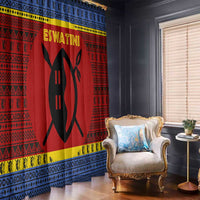 Eswatini Flag Window Curtain with Traditional Shield Spear and Cultural Pattern Design - Wonder Print Shop