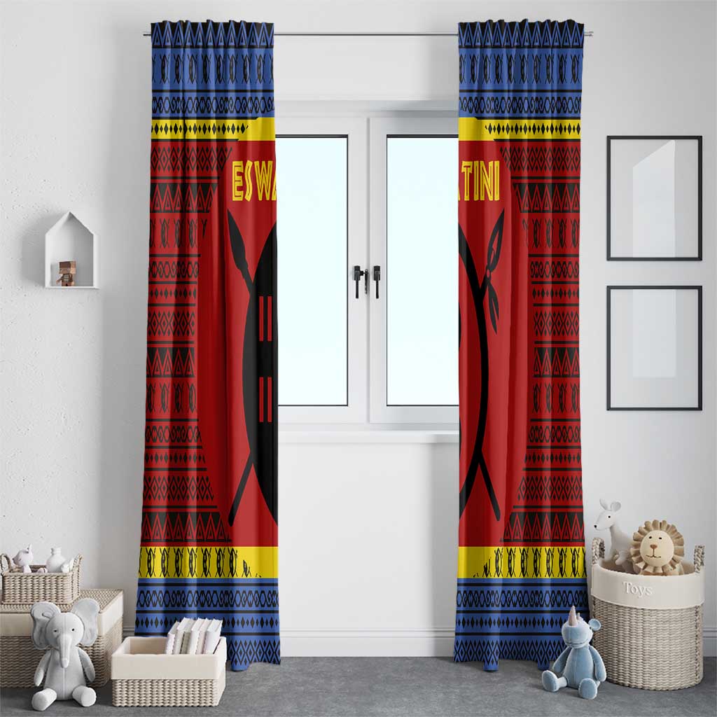 Eswatini Flag Window Curtain with Traditional Shield Spear and Cultural Pattern Design - Wonder Print Shop