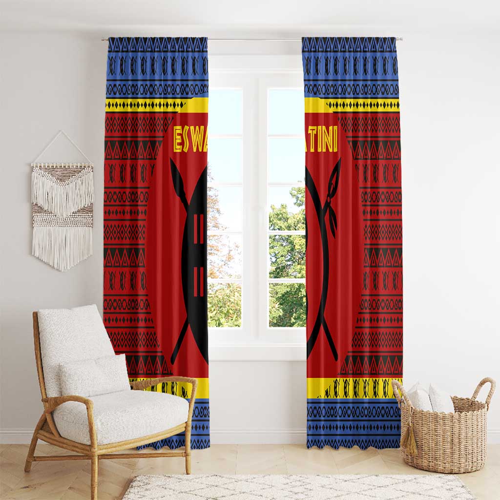 Eswatini Flag Window Curtain with Traditional Shield Spear and Cultural Pattern Design - Wonder Print Shop
