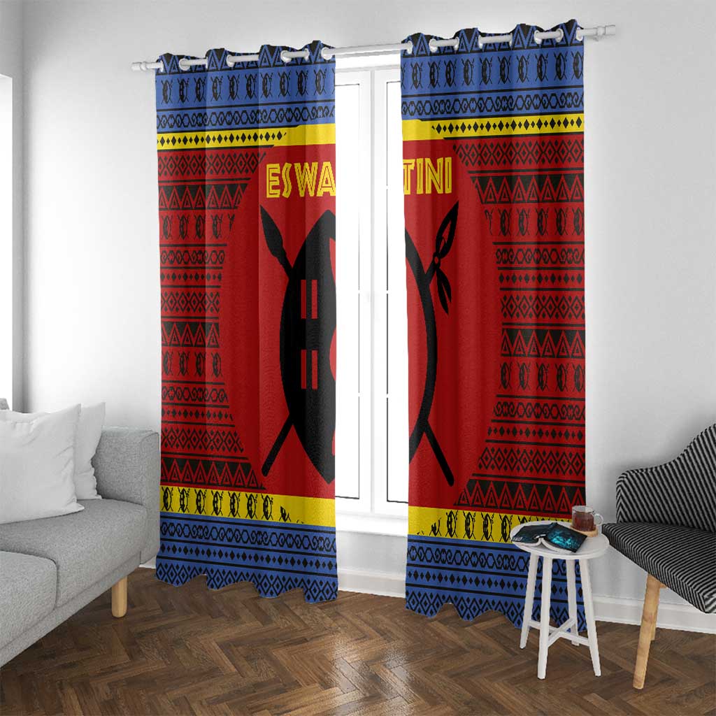 Eswatini Flag Window Curtain with Traditional Shield Spear and Cultural Pattern Design - Wonder Print Shop
