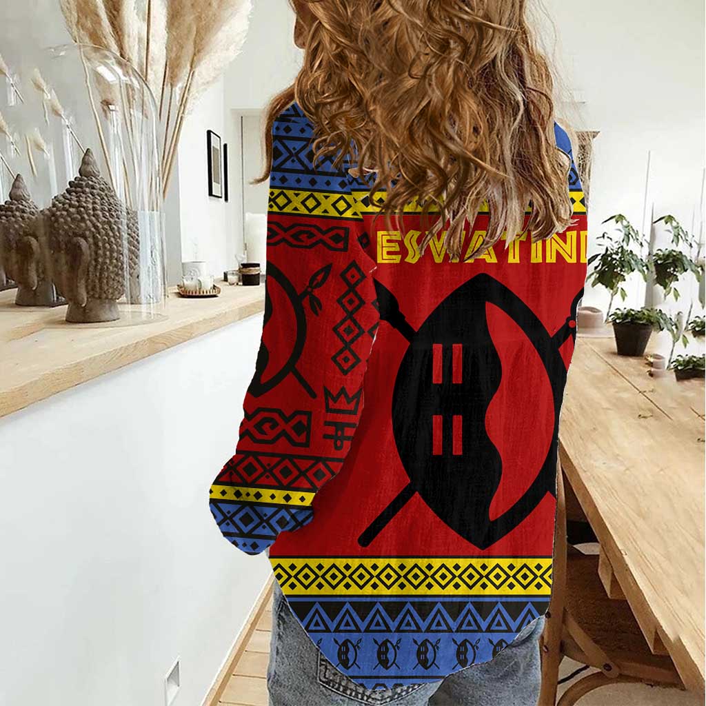 Eswatini Flag Women Casual Shirt with Traditional Shield Spear and Cultural Pattern Design - Wonder Print Shop