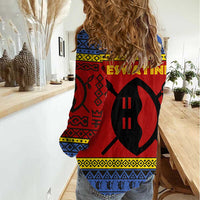 Eswatini Flag Women Casual Shirt with Traditional Shield Spear and Cultural Pattern Design - Wonder Print Shop