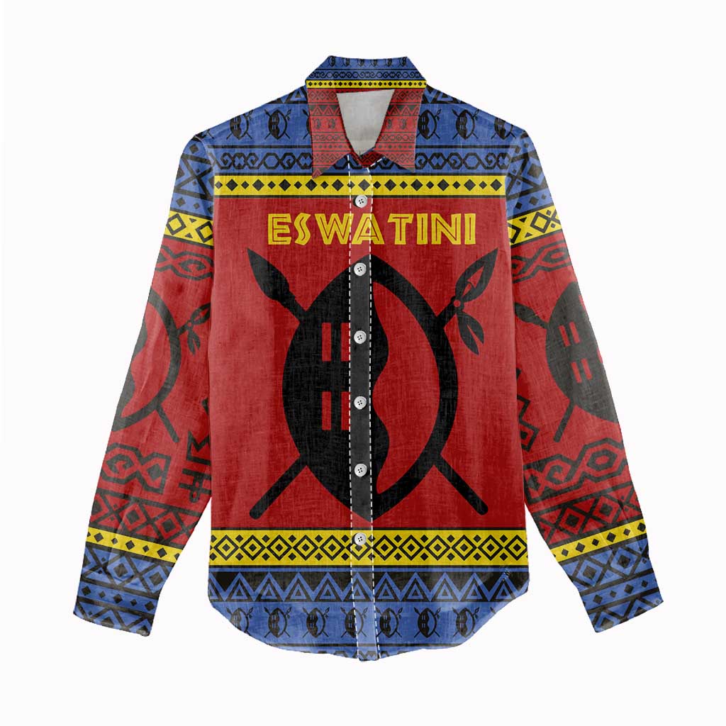 Eswatini Flag Women Casual Shirt with Traditional Shield Spear and Cultural Pattern Design - Wonder Print Shop