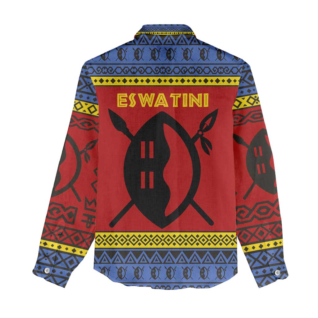 Eswatini Flag Women Casual Shirt with Traditional Shield Spear and Cultural Pattern Design - Wonder Print Shop