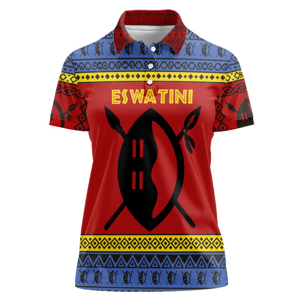 Eswatini Flag Women Polo Shirt with Traditional Shield Spear and Cultural Pattern Design - Wonder Print Shop