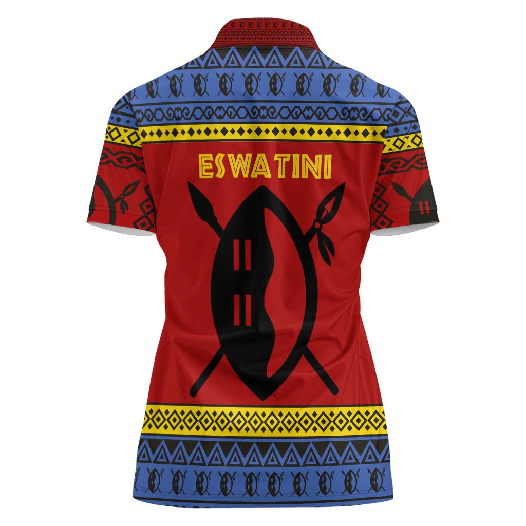 Eswatini Flag Women Polo Shirt with Traditional Shield Spear and Cultural Pattern Design - Wonder Print Shop