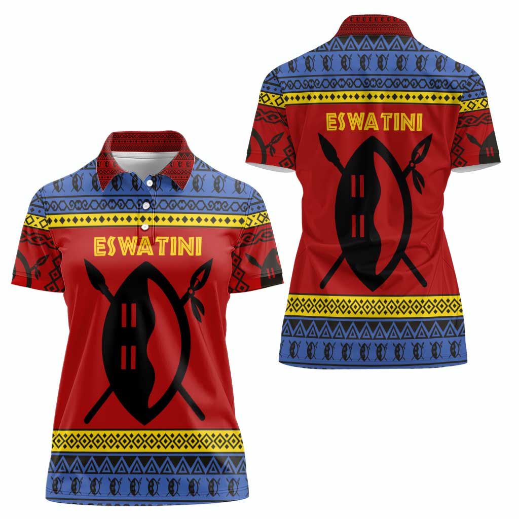 Eswatini Flag Women Polo Shirt with Traditional Shield Spear and Cultural Pattern Design - Wonder Print Shop
