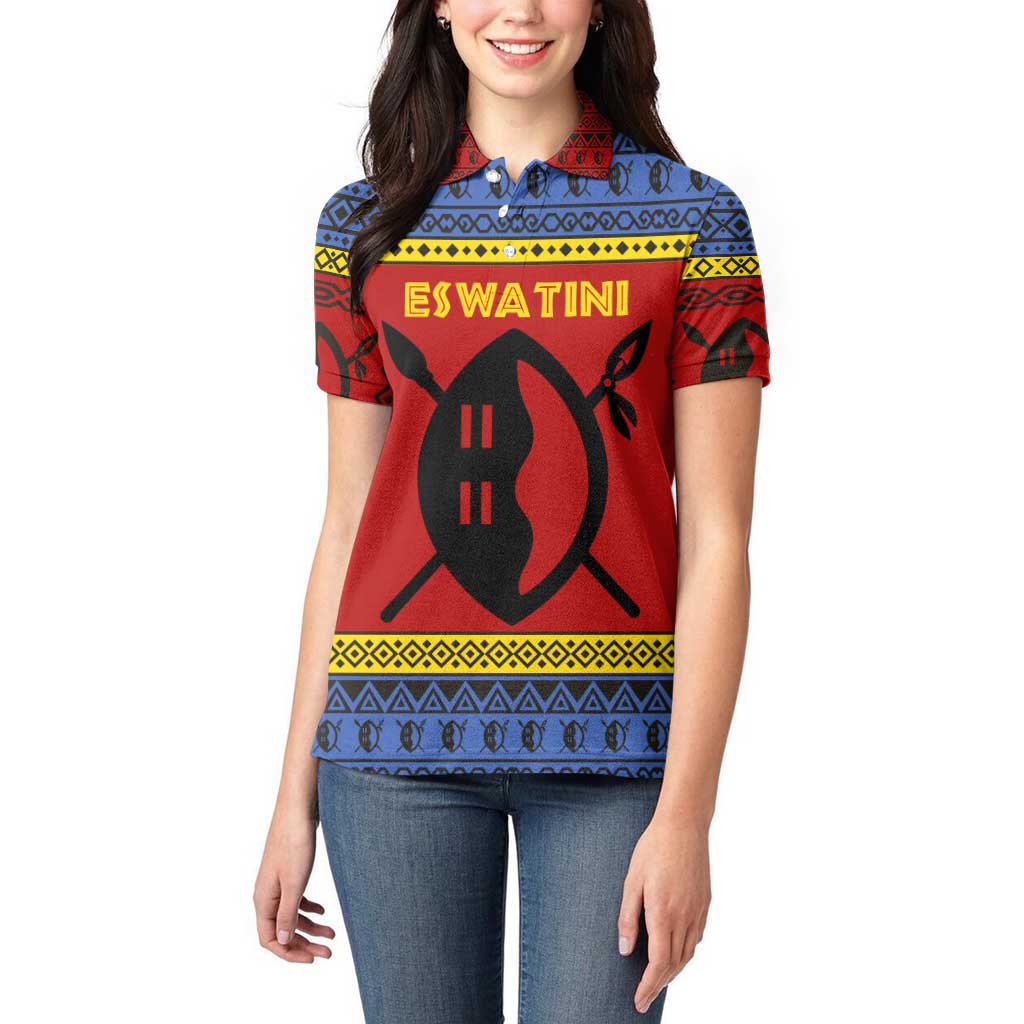 Eswatini Flag Women Polo Shirt with Traditional Shield Spear and Cultural Pattern Design - Wonder Print Shop