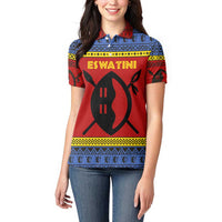 Eswatini Flag Women Polo Shirt with Traditional Shield Spear and Cultural Pattern Design - Wonder Print Shop