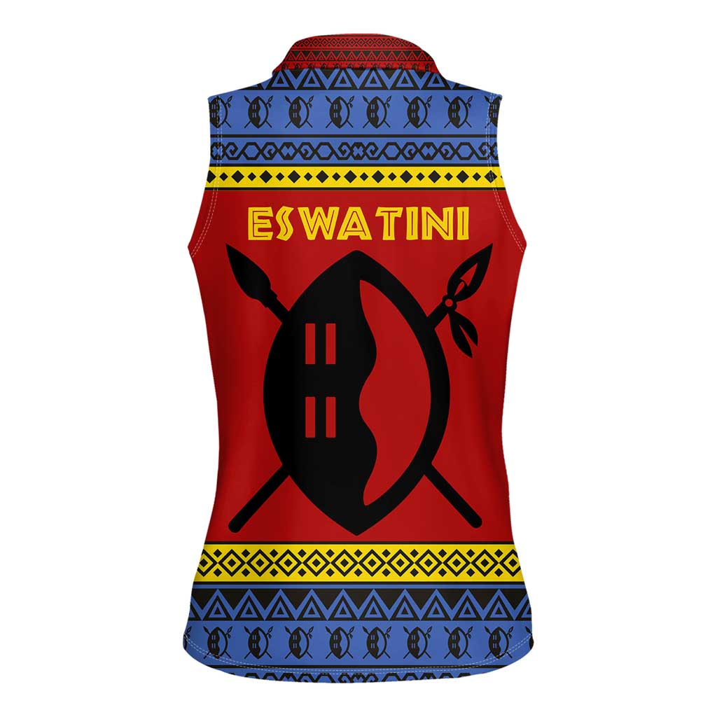 Eswatini Flag Women Sleeveless Polo Shirt with Traditional Shield Spear and Cultural Pattern Design - Wonder Print Shop