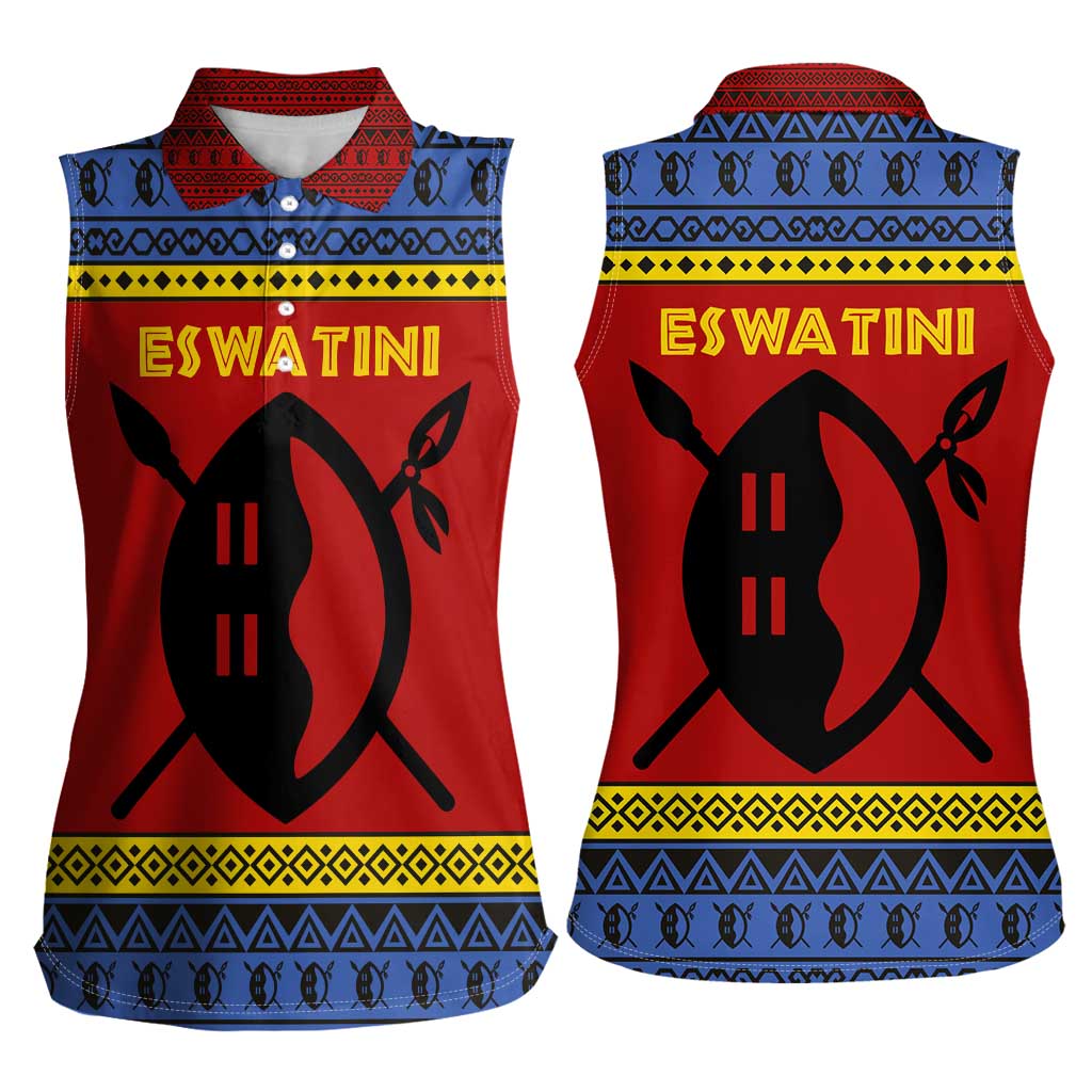 Eswatini Flag Women Sleeveless Polo Shirt with Traditional Shield Spear and Cultural Pattern Design - Wonder Print Shop