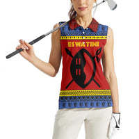 Eswatini Flag Women Sleeveless Polo Shirt with Traditional Shield Spear and Cultural Pattern Design - Wonder Print Shop