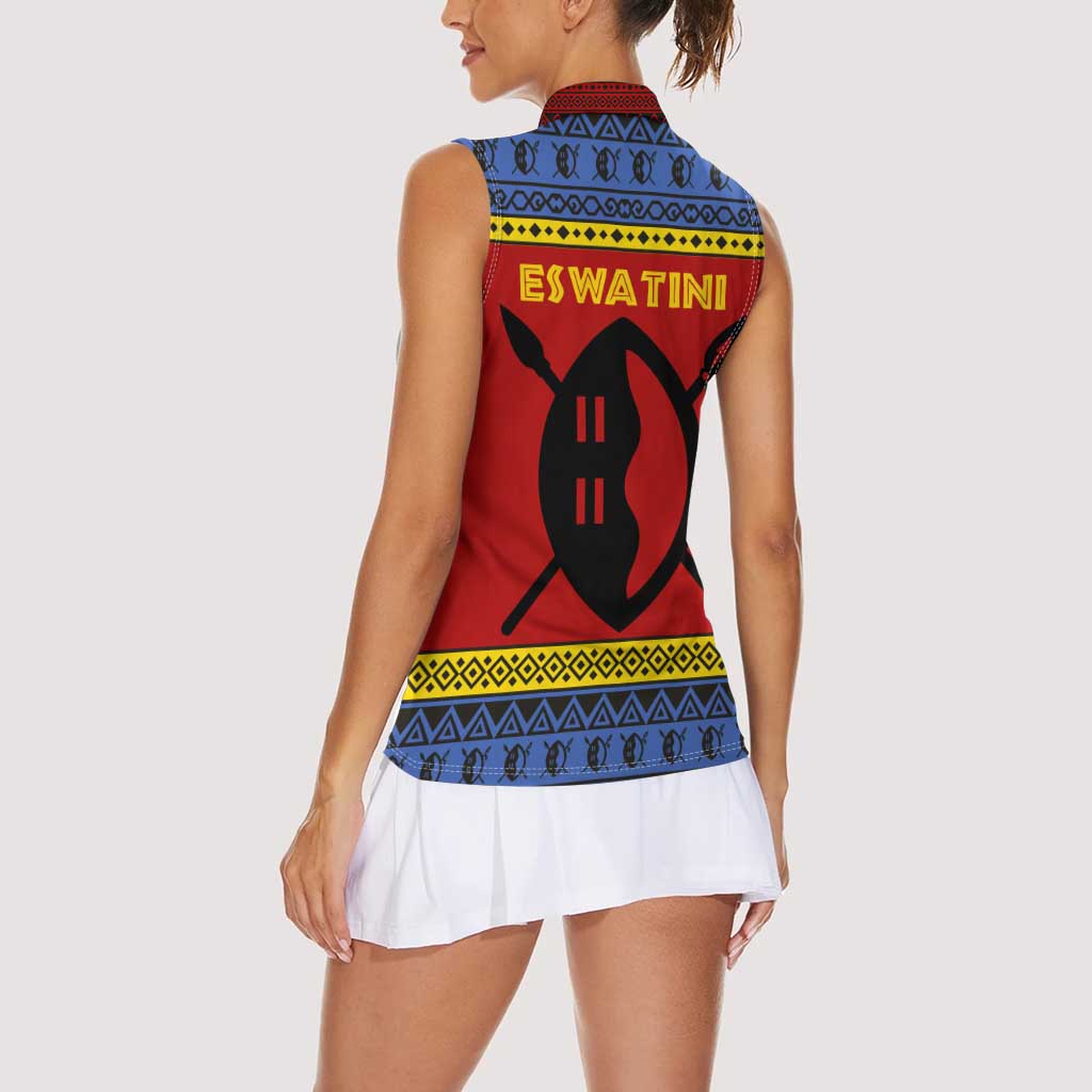 Eswatini Flag Women Sleeveless Polo Shirt with Traditional Shield Spear and Cultural Pattern Design - Wonder Print Shop