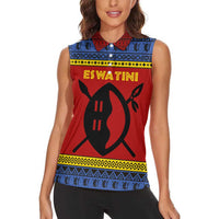 Eswatini Flag Women Sleeveless Polo Shirt with Traditional Shield Spear and Cultural Pattern Design - Wonder Print Shop