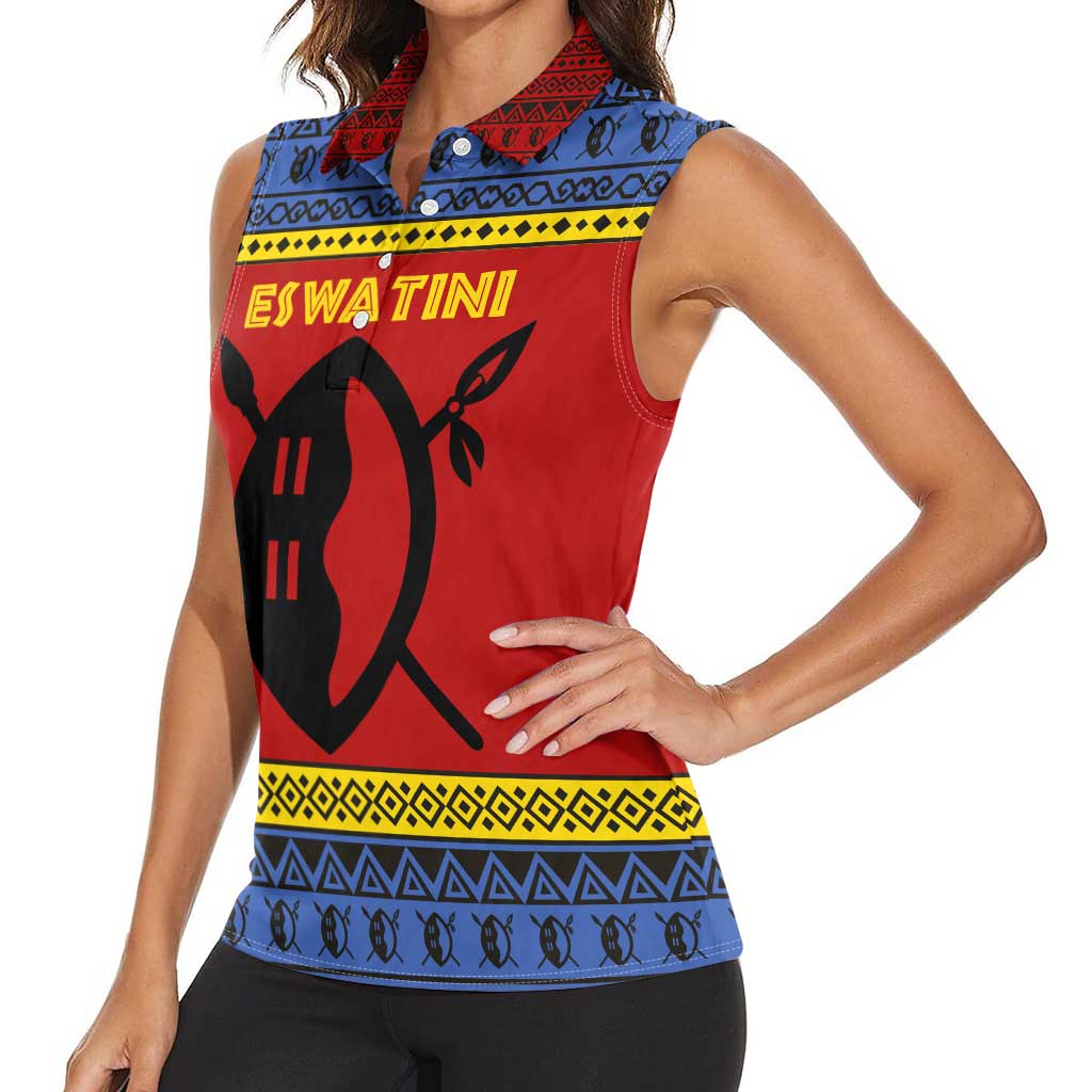 Eswatini Flag Women Sleeveless Polo Shirt with Traditional Shield Spear and Cultural Pattern Design - Wonder Print Shop