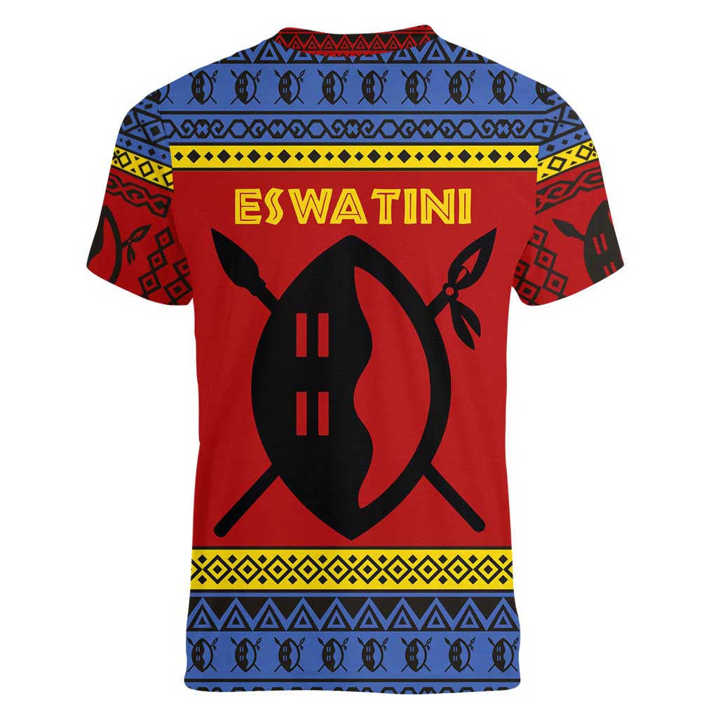 Eswatini Flag Women V-Neck T-Shirt with Traditional Shield Spear and Cultural Pattern Design - Wonder Print Shop