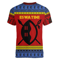 Eswatini Flag Women V-Neck T-Shirt with Traditional Shield Spear and Cultural Pattern Design - Wonder Print Shop