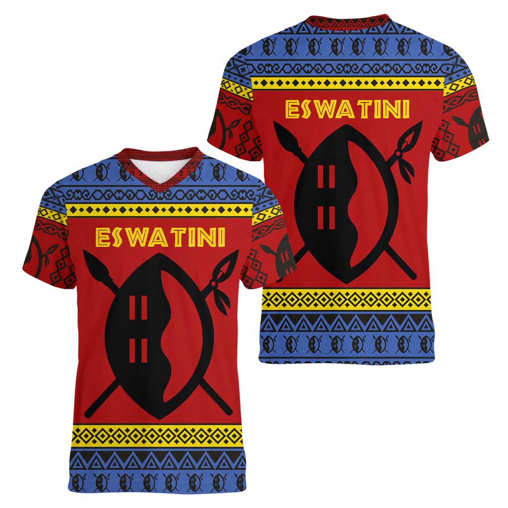Eswatini Flag Women V-Neck T-Shirt with Traditional Shield Spear and Cultural Pattern Design - Wonder Print Shop