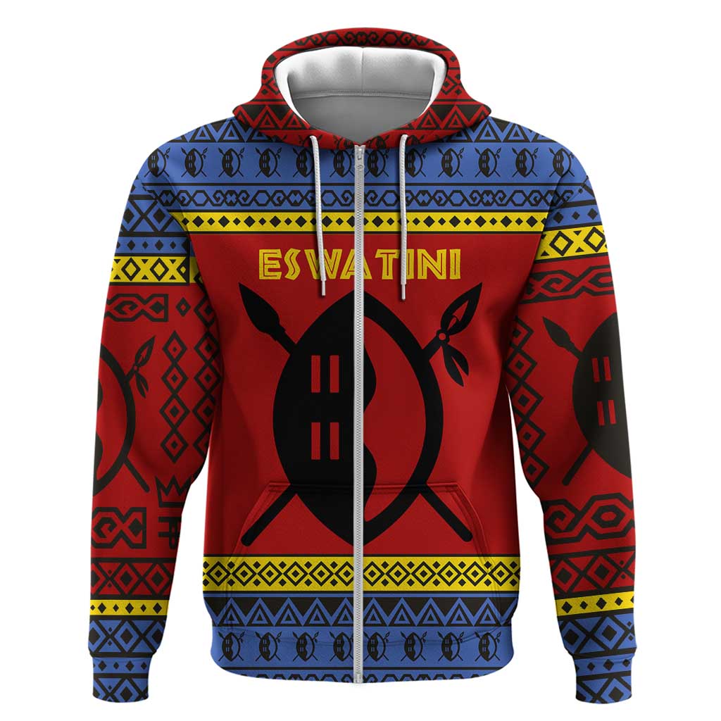 Eswatini Flag Zip Hoodie with Traditional Shield Spear and Cultural Pattern Design - Wonder Print Shop