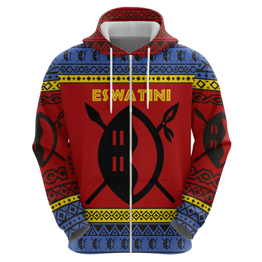 Eswatini Flag Zip Hoodie with Traditional Shield Spear and Cultural Pattern Design - Wonder Print Shop