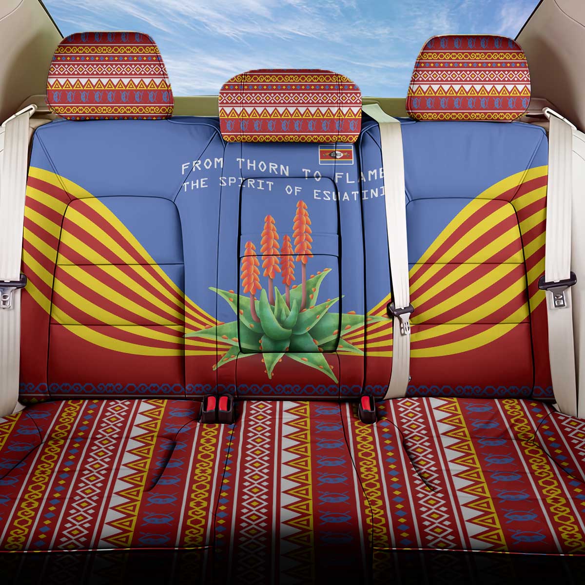 Eswatini Aloe Vera Back Car Seat Cover with Flag Print and Cultural Motif From Thorn to Flame