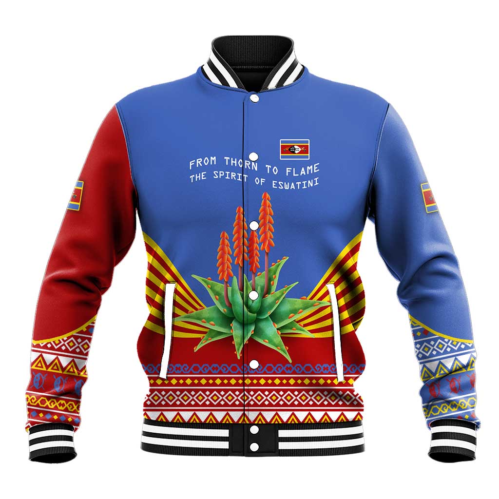 Eswatini Aloe Vera Baseball Jacket with Flag Print and Cultural Motif From Thorn to Flame