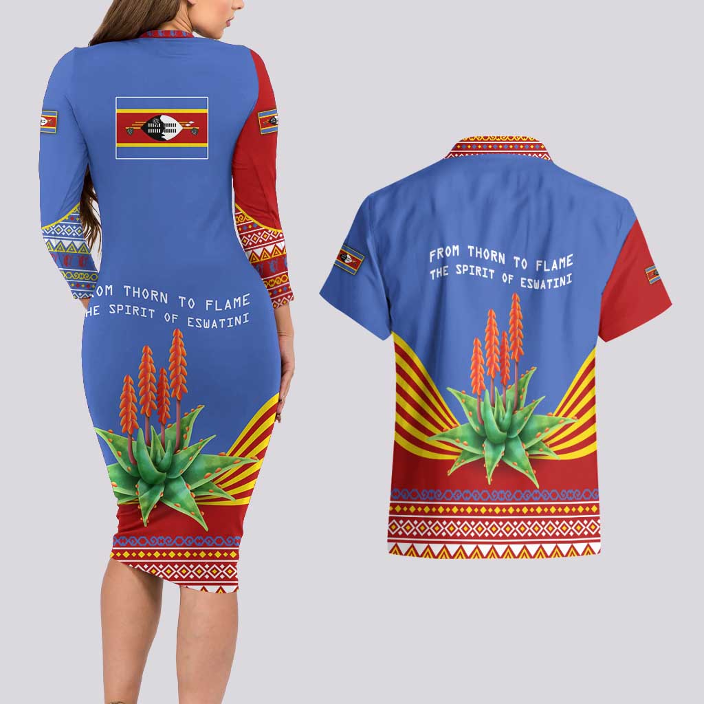 Eswatini Aloe Vera Couples Matching Long Sleeve Bodycon Dress and Hawaiian Shirt with Flag Print and Cultural Motif From Thorn to Flame