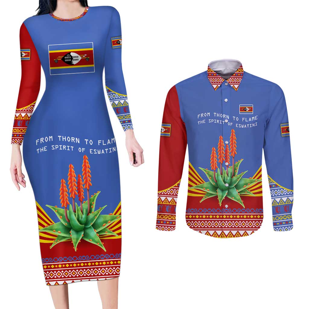 Eswatini Aloe Vera Couples Matching Long Sleeve Bodycon Dress and Long Sleeve Button Shirt with Flag Print and Cultural Motif From Thorn to Flame