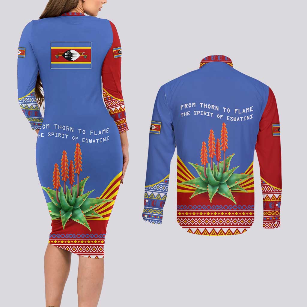 Eswatini Aloe Vera Couples Matching Long Sleeve Bodycon Dress and Long Sleeve Button Shirt with Flag Print and Cultural Motif From Thorn to Flame